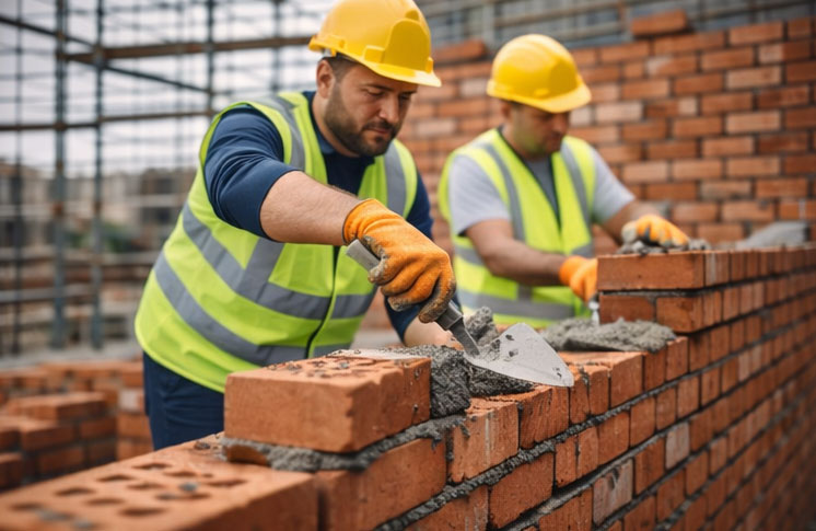 Bricklayer laying concrete blocks on a construction site, applying mortar with a trowel and aligning masonry walls.
