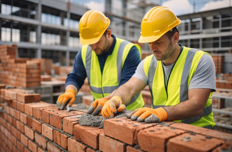 Professional bricklayer building a brick wall using red clay bricks, mortar and hand tools on a residential construction project.