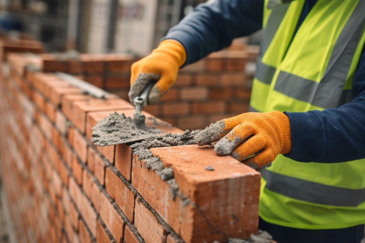 Construction worker installing concrete masonry units (CMU blocks) on an industrial building site.