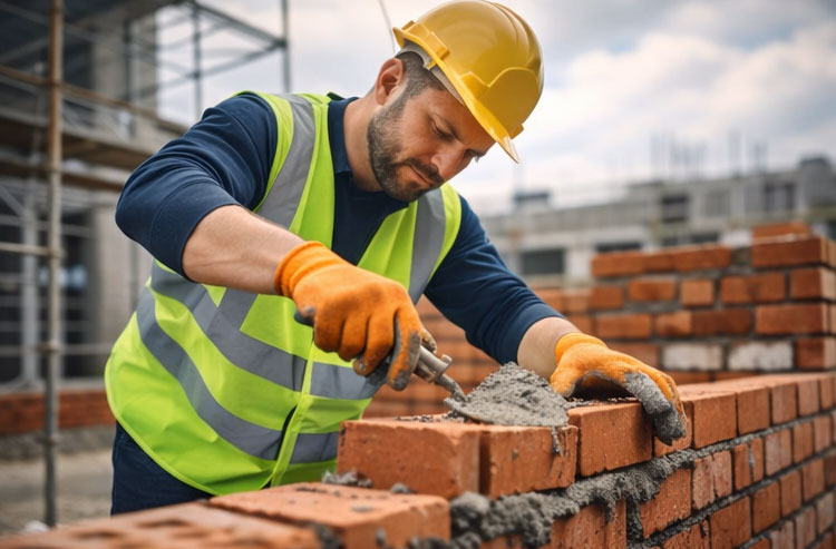 Skilled bricklayer performing structural masonry work on a commercial construction project.