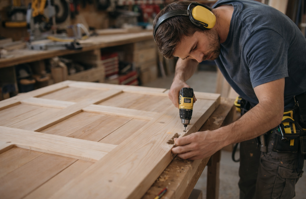 Finish carpenter assembling and fitting a wooden door in a workshop environment.