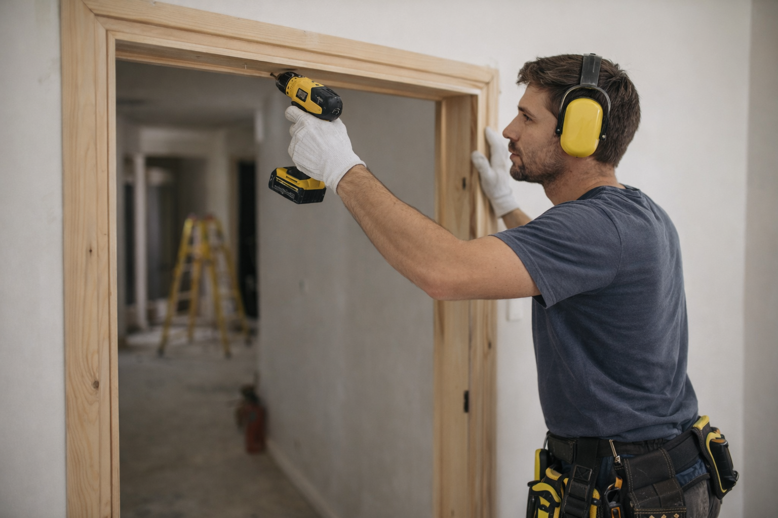 Finish carpenter installing and aligning a wooden door frame inside a residential or commercial building.