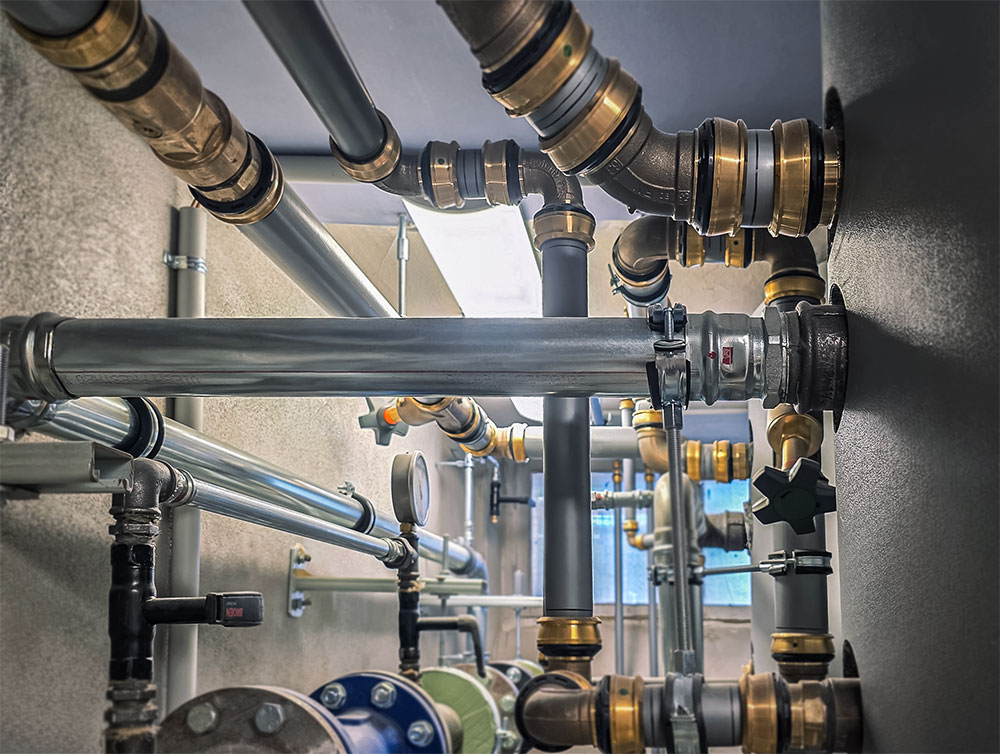 Horizontal heating and plumbing pipes with brass fittings and a pressure gauge mounted in a technical room.